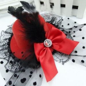 Red Burlesque Mini Top Hat With Bow Feather & Lace