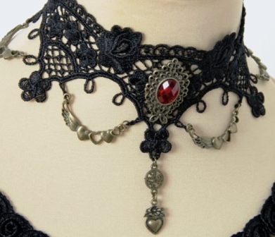 Vintage Victorian Burlesque Lace Choker Red Stone