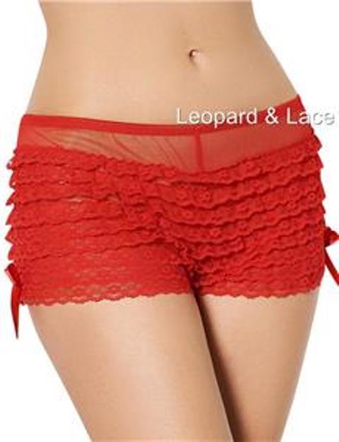 Red Burlesque Frilly Lace Sheer Boyshort Knickers Side Bows