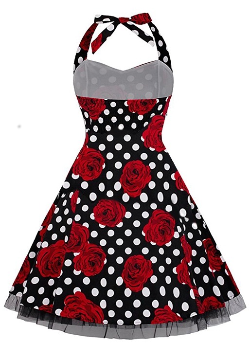 Rockabilly Black & White Polka Dot Red Rose Halter Neck Dress