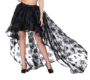 Black Victorian Burlesque Embroidered Organza High Low Skirt