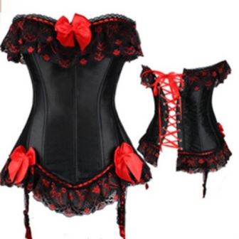 Burlesque Black Corset Top with Red Bows & Ribbon