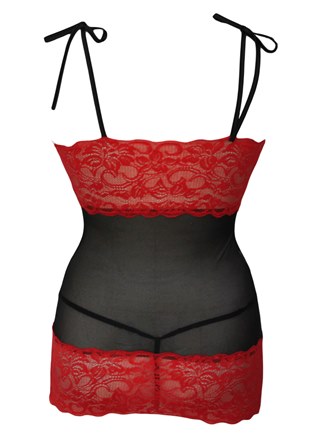 Black with Red Lace Valentine Chemise Babydoll with Garters
