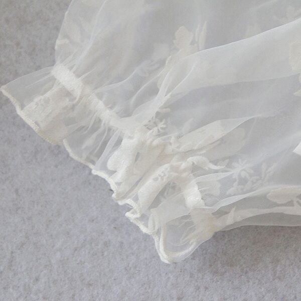 White Organza Off Shoulder Ruched Crop Top Short Lace Sleeves