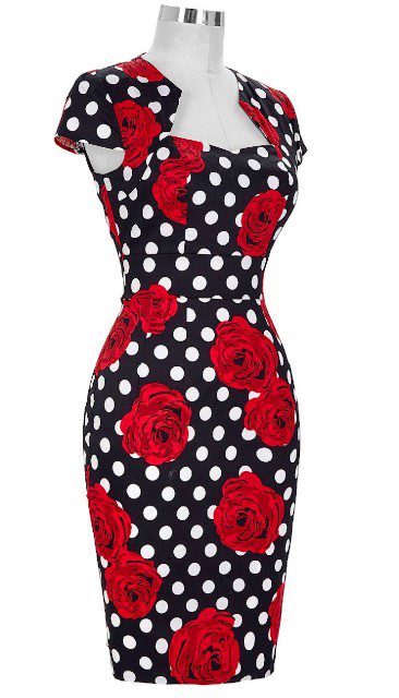 Black & White Polka Dot Red Rose Pencil Dress