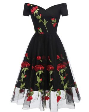retro black off shoulder vintage dress embroidered red roses