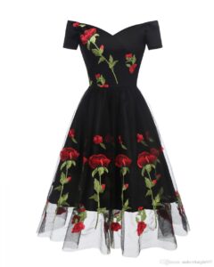 black off shoulder vintage dress embroidered red roses