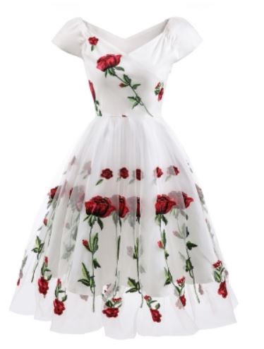 White vintage dress embroidered red roses