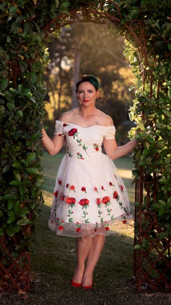 dress red roses white off shoulder retro pin up