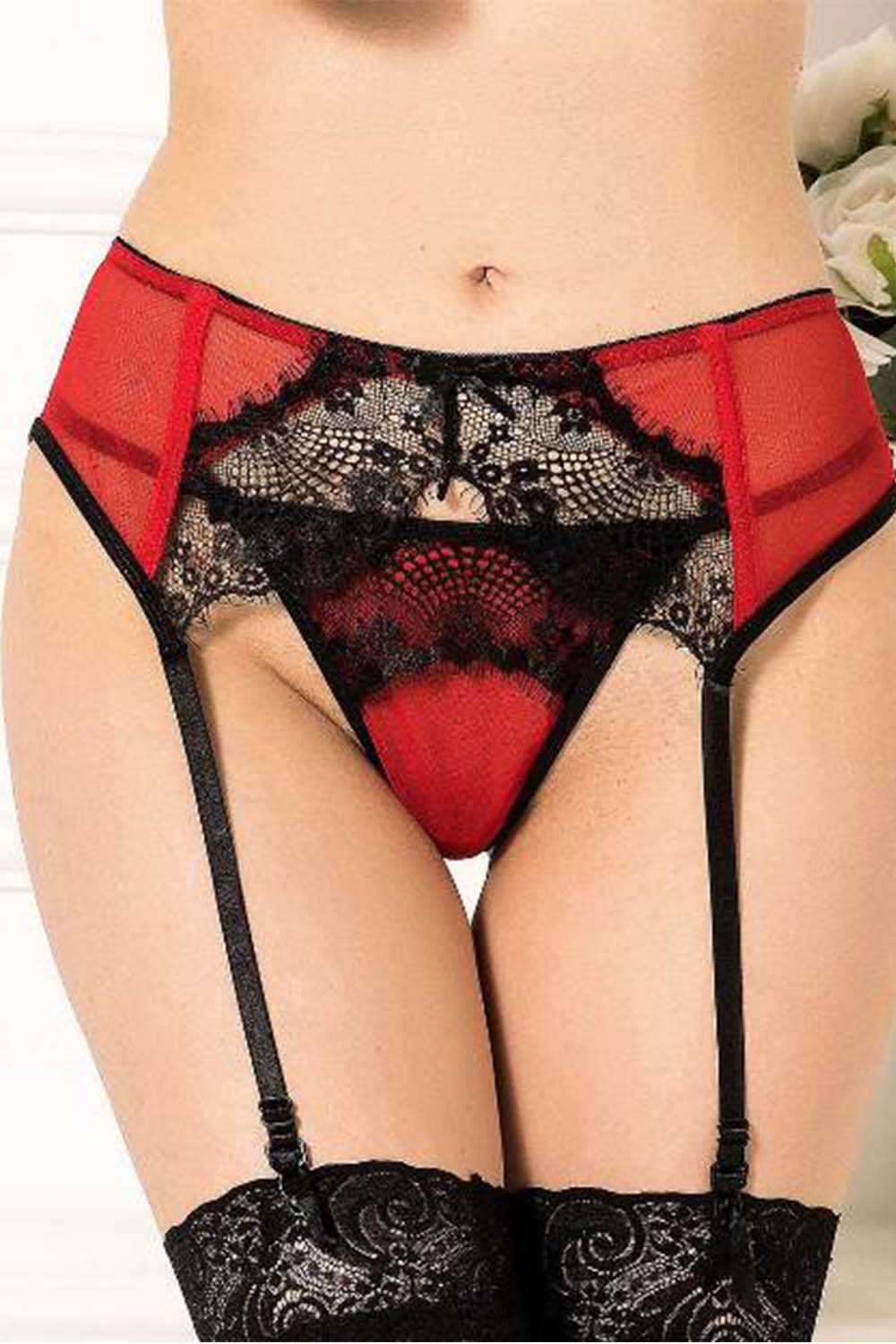RED WITH BLACK LACE GARTER / SUSPENDER BELT WITH G STRING - Leopard & Lace  Australia