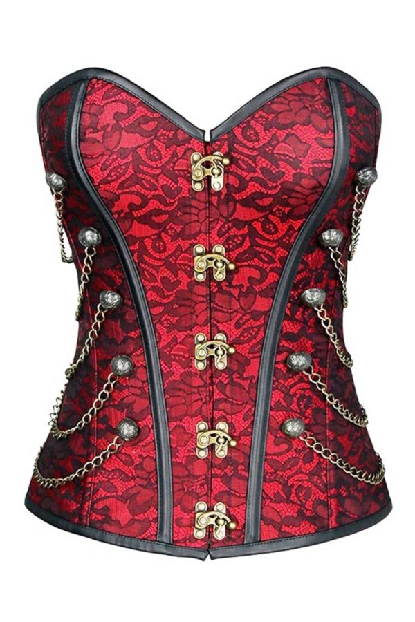 Red brocade steampunk corset with chains