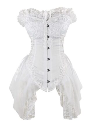 White Ivory Burlesque Gothic Corset Floral Embroidered Lace Trim side skirts