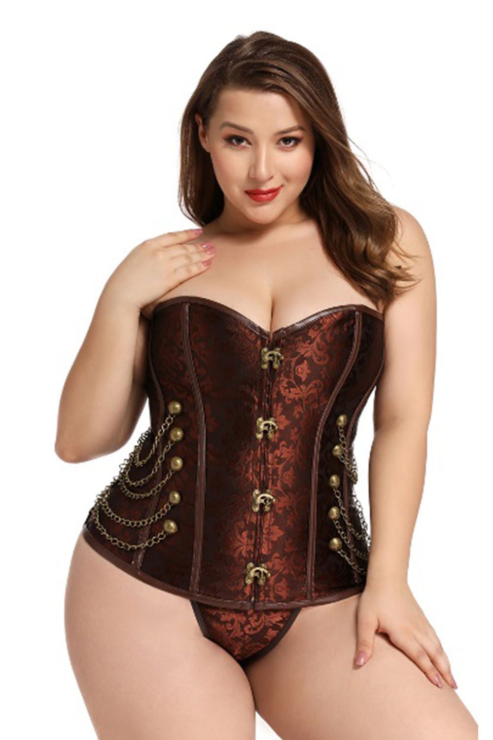 Brown Steampunk Gothic Jacquard Overbust Corset With Chains Steel Boned -  Leopard & Lace Australia
