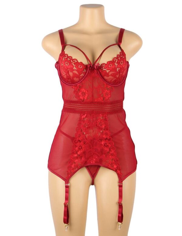 Plus Size Red Delicate Lace Stitching Bodysuit Teddy Lingerie With Underwire & Garters