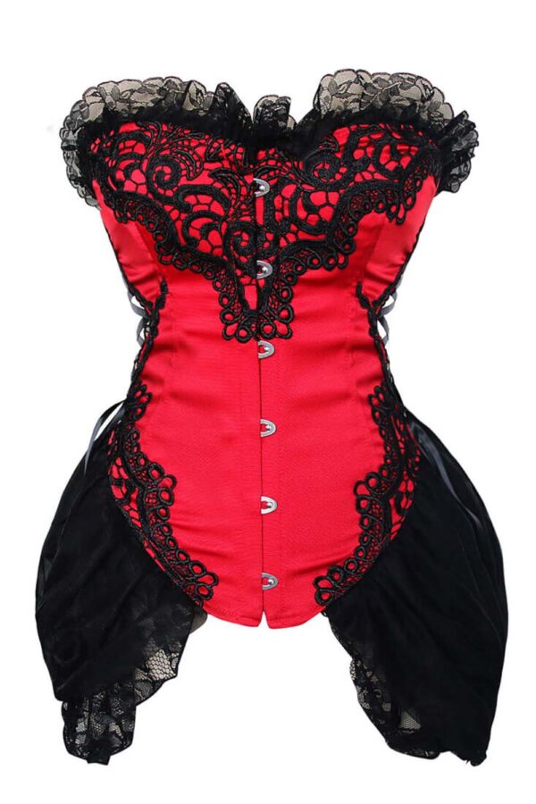 Red Black Gothic Burlesque Corset Floral Embroidered Lace Trim & Side Skirts