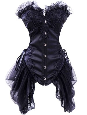 Black Gothic Burlesque Corset Floral Embroidered Lace Trim & Side Skirts