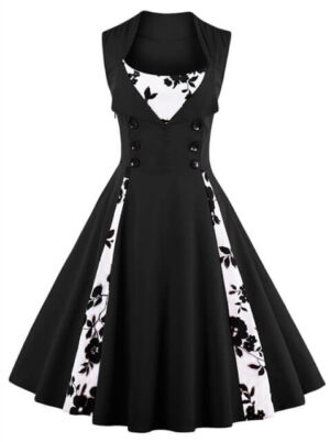 Black With Floral Inserts Vintage Retro Swing Dress