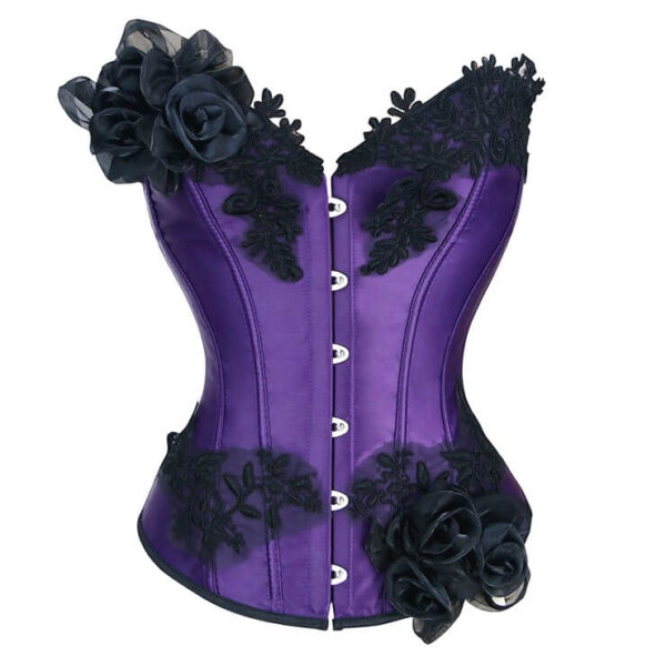 Purple Embroidered Lace Flowers Burlesque Overbust Corset