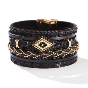 Black Faux Leather Boho Magnetic Cuff Bracelet