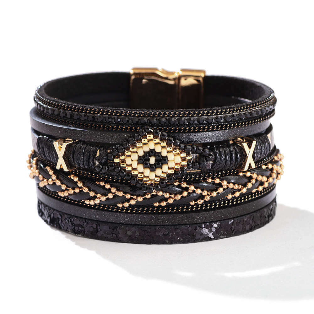 Black Faux Leather Boho Magnetic Cuff Bracelet