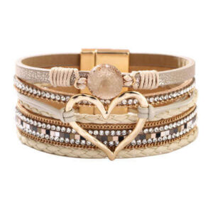 Beige Boho Heart Rhinestone Magnetic Cuff Bracelet