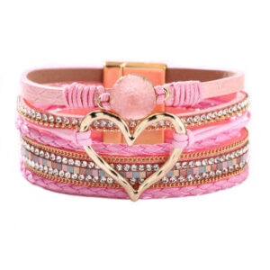 Pink Boho Heart Rhinestone Magnetic Cuff Bracelet