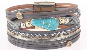 Turquoise Stone Grey Boho Cuff Bracelet