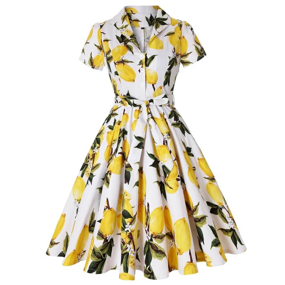 Lemon Retro 50's Flared A Line Dress With Sleeves Regular & Plus